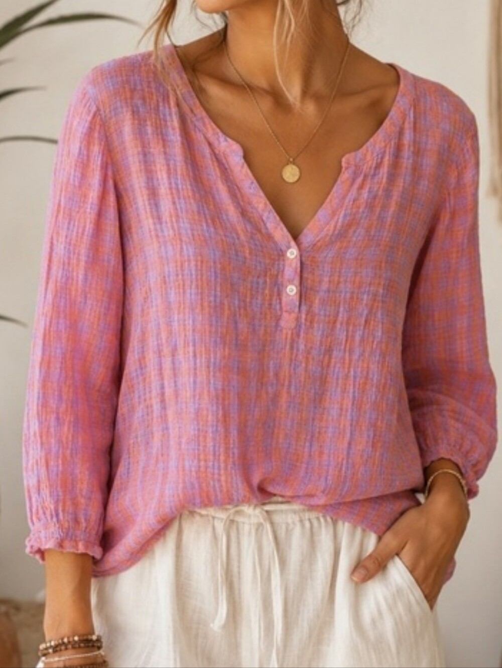 J.Jill 100% Cotton Gauze Gingham 3/4 Sleeve Popover Henley Top Beach Boho LP